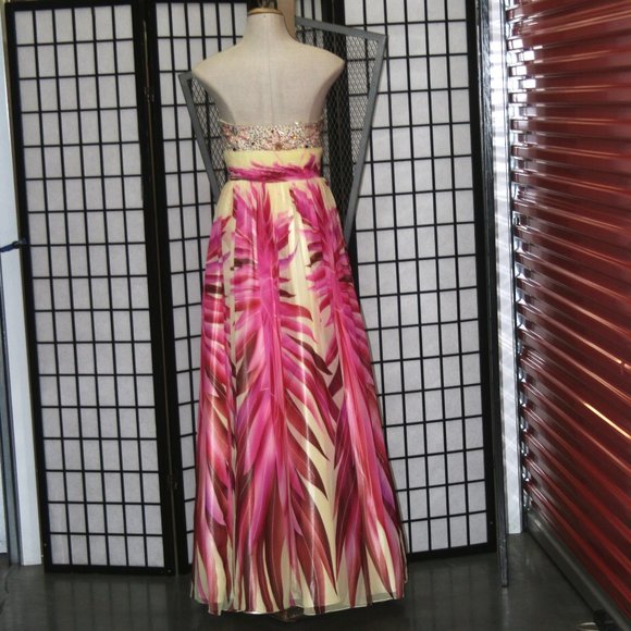 Statement Gown with Floral Print and Jeweled Bodice - Picture 6 of 8